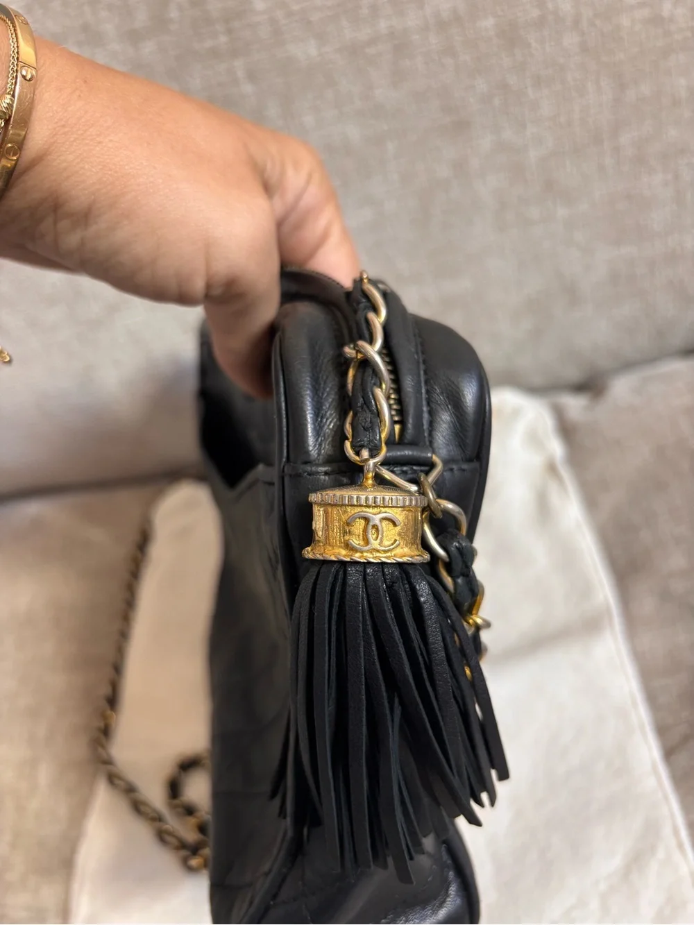 Authentic CHANEL vintage black lambskin tassel camera bag